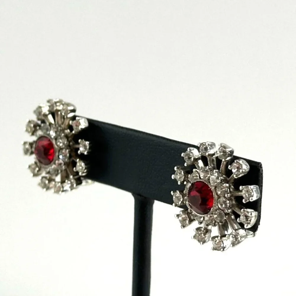 Vintage Sterling Clip-On Earrings, 1940s Rhinestone Starburst - Picture 6 of 7